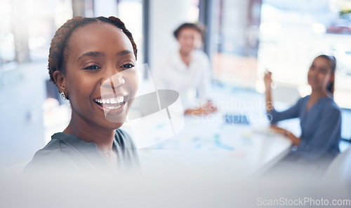 Image of Black woman manager and business people with whiteboard presentation, planning and meeting for company budget. Happy African corporate success, strategy and leadership of global marketing agency