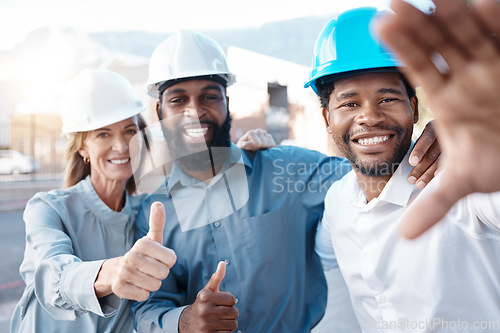 Image of Happy, construction site and team selfie with the thumbs up gesture while building, planning and engineering. Architecture, smile and group of architects approve the safety of a development project