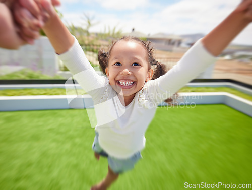 Image of Girl child happy, parent pov of fun outdoor in garden and parent hand swinging kid by arms in circle movement. Family play game on green grass landscape park, young happiness and kids funny smile