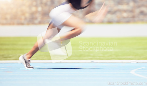 Image of Motion blur sports runner, fast and speed in competition, event and race in stadium arena outdoor. Woman athlete running marathon, cardio and training in sprint exercise, fitness and dynamic pace