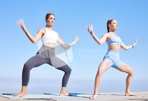 Image of Yoga women, goddess pose and outdoor workout for balance, zen energy and wellness. Calm, healthy lifestyle and spiritual friends pilates exercise, training performance and stretching body together