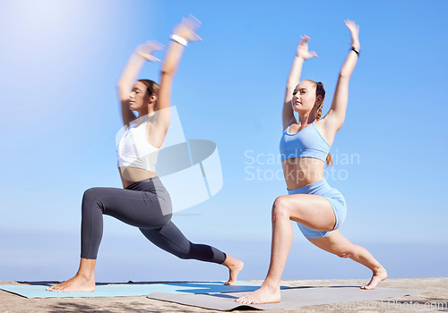 Image of Yoga, pilates and wellness women with outdoor summer lens flare for healthy body and lifestyle. Fitness, cardio of personal trainer or sports people in workout training or exercise on blue sky mockup