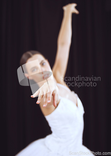 Image of Dancer performance stage to ballet music, young theatre woman dancing and action movement posture. Concert hall, posture grace of ballerina dance on black background wall and balance body exercise