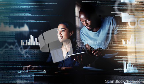 Image of IT or information technology technicians or computer programmers working, coding new user interface or UX late at night in office. Pair of colleagues or specialists analyzing technical system issues.