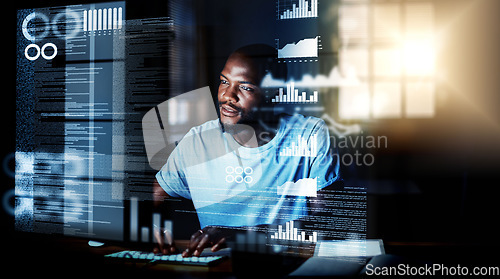 Image of Computer programmer, software developer, or engineer working on computer database with futuristic CGI graphic data at night. Male information technology coder or a IT programmer coding cyber security