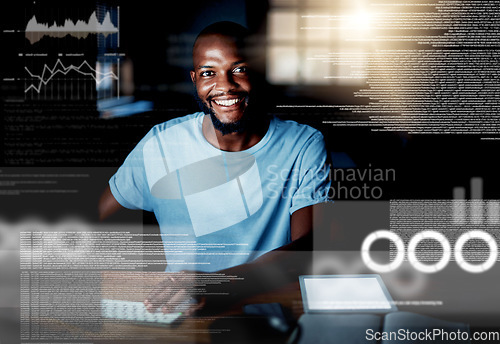 Image of Computer programming, coding and web design with a creative professional in his office with CGI, special effects and digital overlay. Portrait of a programmer developing code and language on a pc