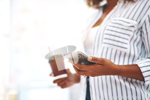 Image of Creative checking social media on phone, texting or planning schedule while holding takeaway coffee. Closeup hands of marketing agent or woman managing startup website design and vision on technology