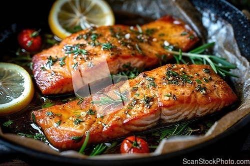 Image of Tasty and fresh cooked salmon fish fillet with lemon and rosemary