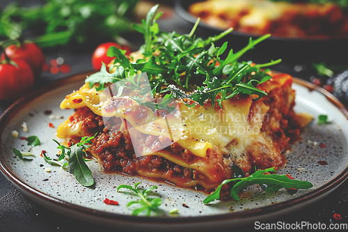 Image of Homemade lasagna slice with minced beef bolognese and bechamel sauce