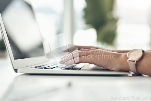 Image of Closeup hands of manager typing on laptop, reviewing employee contracts or planning office schedule. Human resource professional, hiring boss or leader innovating team building exercise on technology