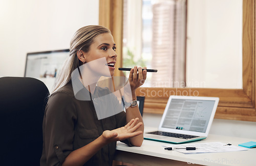 Image of Voice note, chatting or talking of a woman on the phone at work in the office. Businesswoman talking on her speaker sending a voicemail or audio message to a colleague about work plan or schedule.