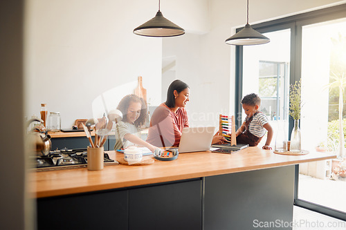 Image of Mom helping her children with learning, education and development in online classes at home. Mother, daughter and son in the kitchen studying online, doing homework and math.