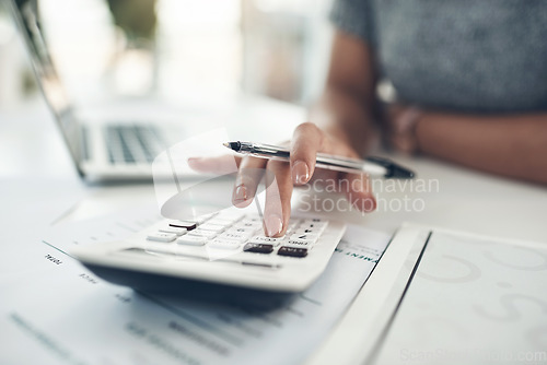 Image of Finance planning, budget or savings manager calculating expenses, taxes or company profits with laptop, paperwork or calculator. Closeup hands of female financial leader checking office staff payroll