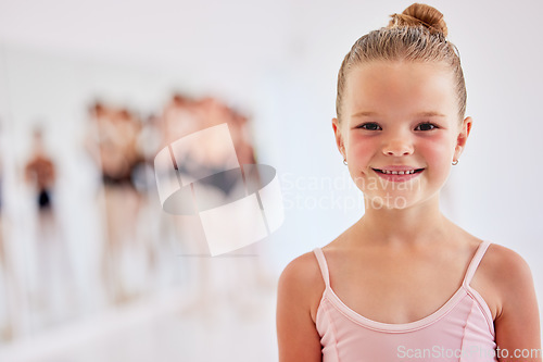 Image of Little ballerina girl learning ballet dancing, art form and hobby in dance studio. Portrait of cute young child, smile dancer and happy kid excited for classical performance lesson, training and fun