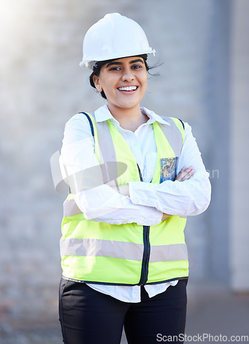 Image of Construction, building and engineering with a woman contractor or technician outside on a build site for development, renovation or remodel. Construction worker ready for build, maintenance or repair