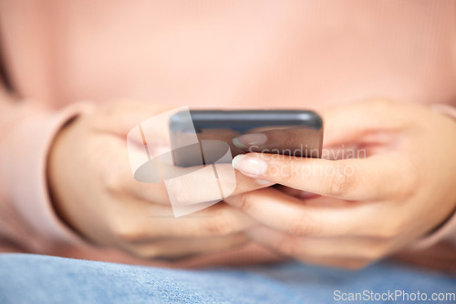 Image of Texting, closeup and hands holding phone while typing an email or memo. Communication, social media and connectivity in modern network. 5g connection with smartphone and browsing internet with wifi.