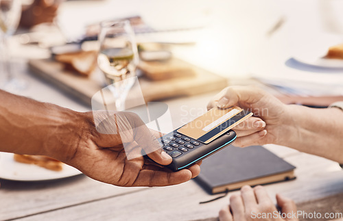 Image of Restaurant customer payment with credit card on machine or digital tech for contactless and secure payment while fine dining. Food business manager or waiter hands using 5g to tap or scan a bank card