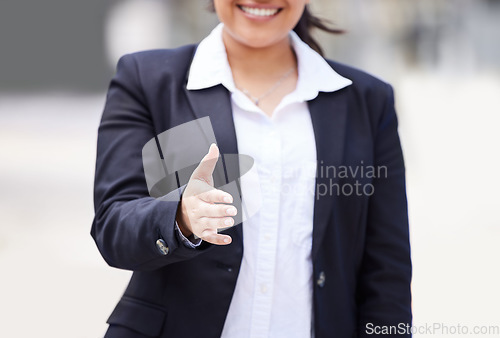 Image of Welcome handshake, networking and deal of hr business manager hiring contract, meeting and partnership in city. Corporate worker shaking hands with trust, consulting for support and b2b sale success