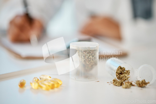 Image of Cannabis pills, weed and medical marijuana medicine given by a professional doctor at wok with mockup space. Healthcare worker writing 420 natural drug treatment and capsule medication in hospital