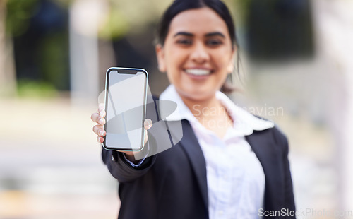 Image of Mockup space on a phone or mobile screen in a hand of a business woman for advertising or marketing. 5g wireless technology for a brand logo, design app or contact us with an employee or entrepreneur