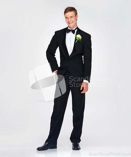 Image of Happy groom, in tuxedo at wedding or man in portrait with a smile on his face. Husband, classy and luxury tux or suit at an event or fashion studio with mockup or copy space background.