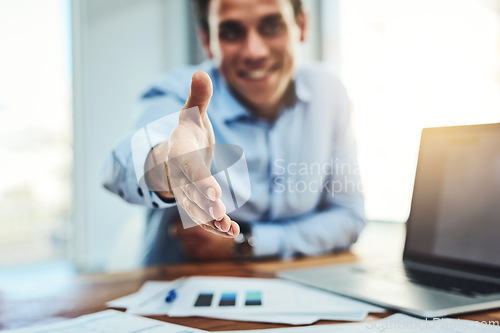 Image of Handshake, deal and hiring HR manager extending his hand to negotiate, introduce or welcome candidate or sponsor. Data analyst, businessman or boss congratulating his partner on investment growth