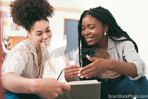 Image of Talking, planning and collaboration of female university students working on a group project. Teamwork of young women discussing a team study strategy together for a school presentation for college