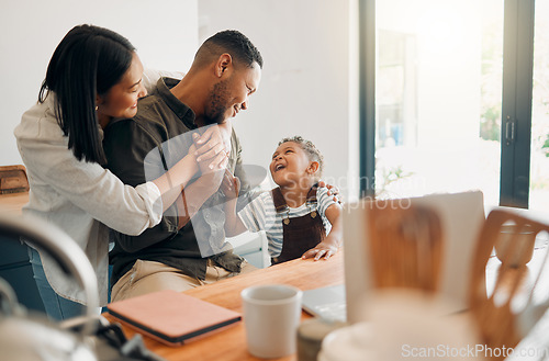 Image of Family, bonding and playing with their happy little boy while laughing, teasing and talking at home with flair. Loving wife and son hugging dad while showing him love and affection on fathers day