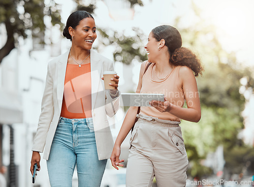 Image of Friends walking and talking on university campus, having fun and laughing in the city. Carefree, happy and cheerful young female college students enjoying outdoor meeting, having takeout coffee.