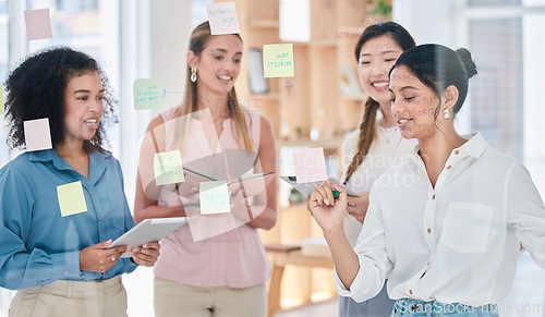 Image of Sticky notes, schedule or writing vision idea in business meeting, training or innovation coaching with storyboard. Motivated, diverse or creative women planning startup marketing strategy with kpi.