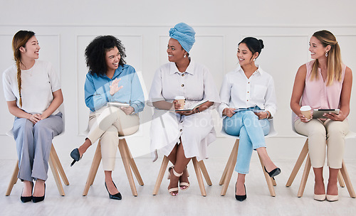 Image of Diverse, design and marketing group of corporate woman planning and designing market strategy. Portrait of creative women designers collaborating or communicate ideas for growth in the workplace.