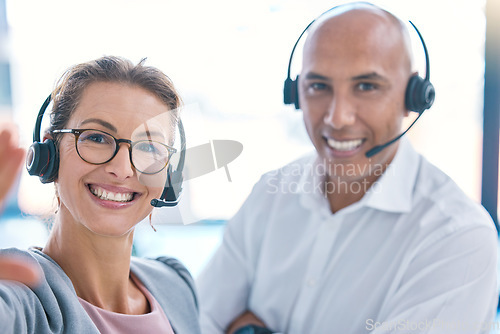 Image of Selfie of call center operator, marketing agent and sales consultants on webcam video call in an office. Friendly, smiling and helpful support staff consulting contact us hotline for customer service