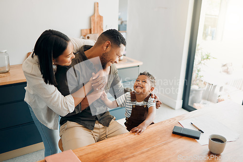 Image of Family fun with playful, funny and happy child with a laughing parents hugging at home. Cheerful mother, father and small child with a smile relax, enjoy and spend time together at their house