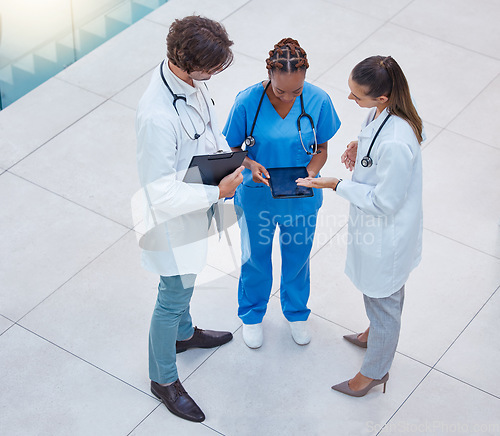 Image of Medical, healthcare team or doctors discussing or consulting patient diagnosis or treatment in hospital. Professional medicine gp, nurse practitioners or health physicians working in a clinic