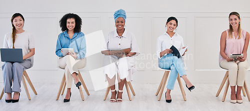 Image of Female corporate marketing or advertising planning team working in a creative agency for online website design company. Portrait of empowering women in diverse workplace with good ideas and strategy