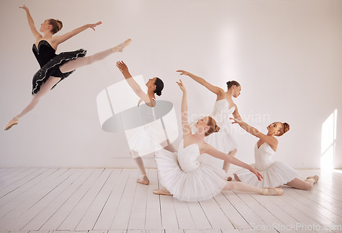 Image of Ballet, jump and dance class studio for professional sports woman. Female performance art students in training for ballerina recital. Elegant, passionate and energetic dancer girl flying in the air.