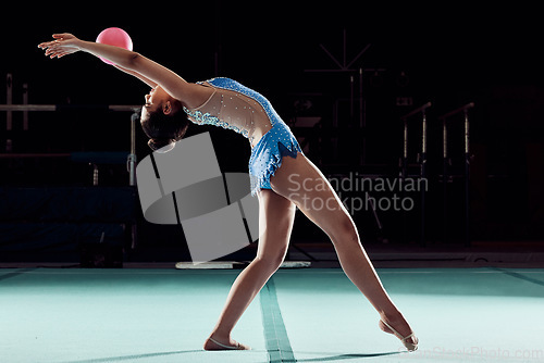 Image of Fitness, wellness and sports woman dance in sport event, training exercise workout or concert in the gym. Wellness, dancer or athlete girl with ball doing creative health performance.