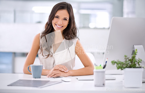 Image of Motivated business analyst with computer ready to help plan strategy, check data reports or monitor company growth. Portrait of professional with vision for progress, profit and development in office