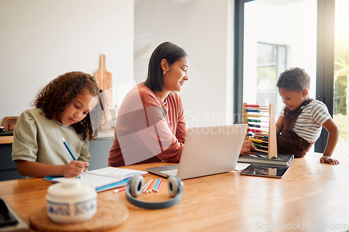 Image of Homeschool, child development and quality education for young little children learning with their mother. Parent helping and teaching her kids with basic schoolwork or maths in the house