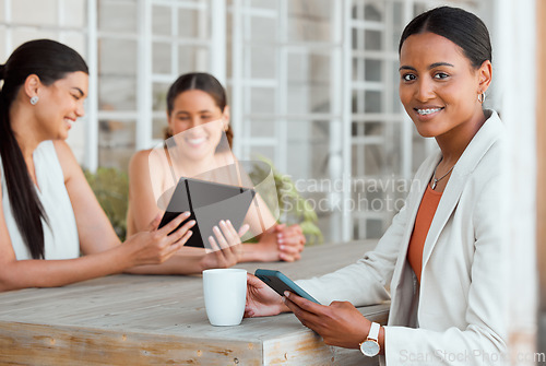 Image of Female leadership, innovation and business woman or colleagues with tablet, enjoying coffee break or multitasking in meeting at trendy workplace. Intelligent leader or manager happy with job portrait