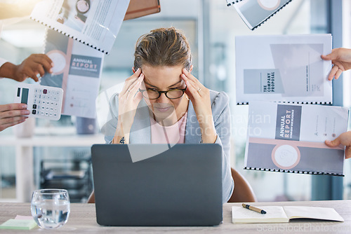 Image of Stress, anxiety and burnout with a female leader, manager and CEO feeling overworked while multitasking with a laptop in an office. Suffering from a headache while juggling tax, finance and paperwork