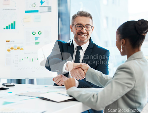 Image of Formal, corporate meeting and handshake or business deal between workers. Partnership, trust and professional relationship with executives. Cooperation, agreement or contract with client or staff.