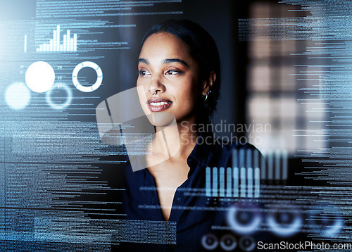 Image of Digital, analytics and business of a woman working with big data, logistics and UX at the office at night. Futuristic, leader and designer in digital transformation at work with future technology.