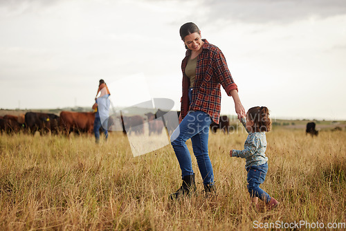 Image of Sustainable farming family, cows on agriculture farm with rustic, countryside or nature grass background. Farmer mother, dad and kids with cattle or livestock animals for dairy, beef or meat industry