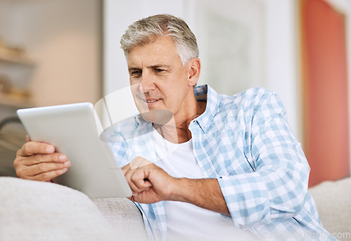 Image of Mature and senior man browsing on tablet, searching the internet and scrolling on social media while sitting on the couch at home. One retired male reading, checking and replying to messages online