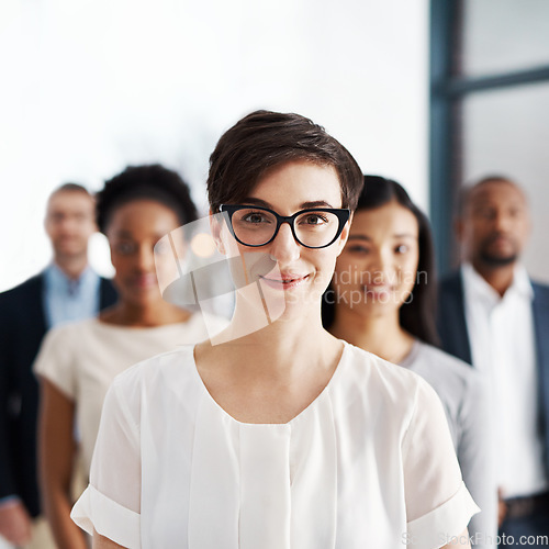 Image of Leader, manager and boss of a diverse team feeling motivated and confident with good support, trust and leadership in workplace. Portrait of a strong female entrepreneur with a positive mindset