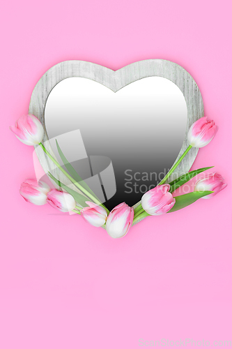 Image of Pink Tulip Flower Beautiful Heart Shape Frame