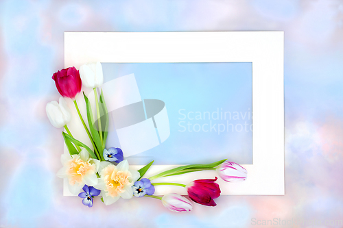 Image of Spring Flower Background Border with Sky and Clouds