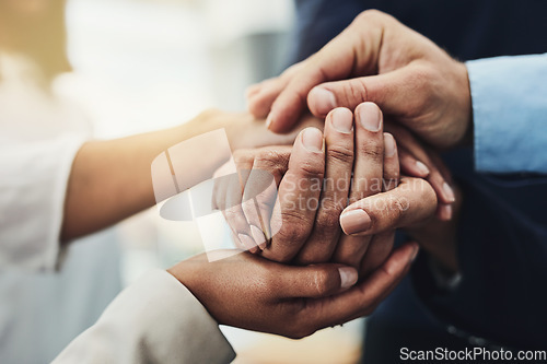 Image of Hand holding showing support, love and care. Close up of a group of people coming together in unity as a team. Friends bonding and building trust with loving gesture. Adults communicating friendship