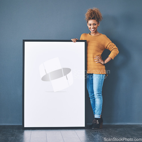 Image of Marketing, poster and blank board with copy space being held by happy African woman sharing a banner for networking and advertising. Cheerful woman showing empty placard for logo design